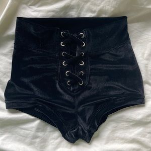 High waisted velvet lace up shorts